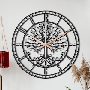 Large Tree Of Life Clock, Metal Wall Clock, Unique Wall Clock, Living Room Oversized Wall Clock, Black Wall Clock, Laser Cut Clock For Wall