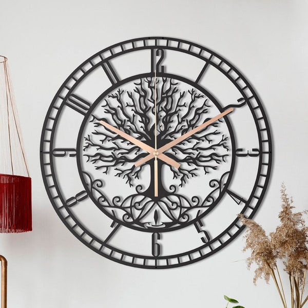 Large Tree Of Life Clock, Metal Wall Clock, Unique Wall Clock, Living Room Oversized Wall Clock, Black Wall Clock, Laser Cut Clock For Wall