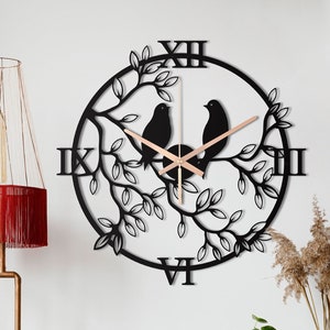 Birds And Tree Clock, Tree Metal Wall Clock, Black Wall Clock, House Warming Gift, Extra Large Clock, Metal Art Wall Clock, Oversized Clock