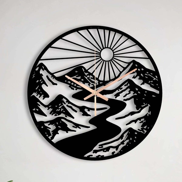 Mountain River Sun Clock, Contemporary Clock, Unique Wall Clock, Boho Wall Clock, Extra Large Clock, Black Metal Wall Clock, Laser Cut Clock