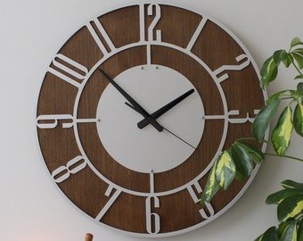 Silver Wall Clock, Metal And Walnut Wood Clock, Silent Wall Clock, Oversized Wall Clock, Farmhouse Clock, Unique Wall Clock, Clocks For Wall