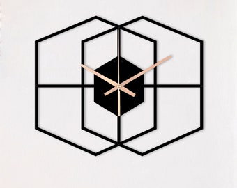 Sechseck-Wanduhr, geometrische Wanduhr, minimalistische Uhr, schwarze Wanduhr, Metallkunst-Wanduhr, einzigartige Wanduhr, große Metalluhr