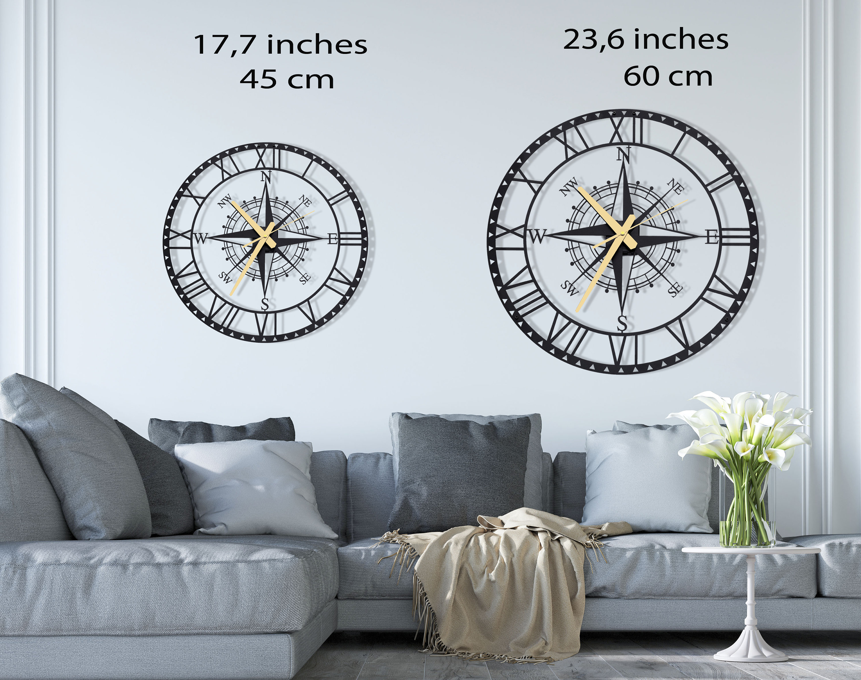 Metal Compass Wall Clock/Oversize Silent Wall Clock/Roman Etsy