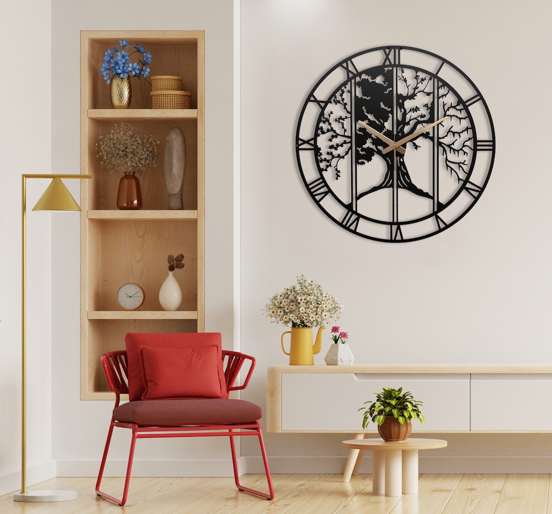 Tree Wall Clock, Large Tree Wall Clock, Black Tree Wall Clock, Small Metal Black Roman Numerals