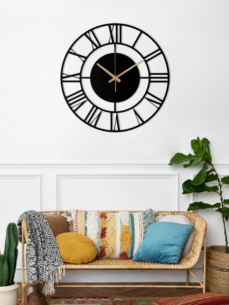 Unique Wall Clock, Silent Wall Clock, Small Metal Wall Clock, Black Wall Clock, Oversized Wall Clock, Retro Wall Clock, Laser Cut Clock afbeelding 5