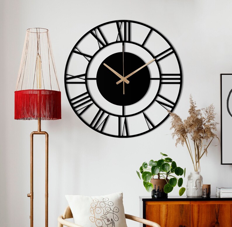 Unique Wall Clock, Silent Wall Clock, Small Metal Wall Clock, Black Wall Clock, Oversized Wall Clock, Retro Wall Clock, Laser Cut Clock afbeelding 1