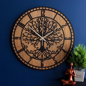Tree Of Life Metal and Wood Clock: Oversized Farmhouse Decor, Sweep Movement Non Ticking Wall Clock
