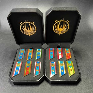 以下が含まれることがあります： 金色のアクセントが付いた黒いベルベットの箱が2つあり、それぞれにカラフルなエナメルピンが8つ入っています。ピンには、スタイリッシュな鳥のデザインとさまざまな幾何学模様が施されています。