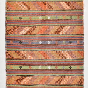 6x8 TURKISH VINTAGE KILIM Rug, 6x8, Vintage Kilim Rug, Oushak Handmade Rug, 6x8 Area Rug, Shades Of Green Orange, Modernist & Bohemian Style