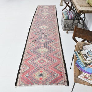 3x12 Runner Rug, 3x12 VINTAGE KILIM RUNNER Rug, 3x12 Kilim Runner, Wool Handmade Turkey, Dusty Pink & Beige Kilim, Runner Rug 3x12, Antique