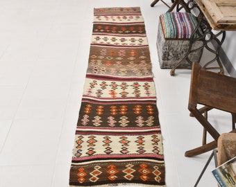 2 x 9 vloerkleden, 2 x 9 TURKISH KILIM RUNNER vloerkleed, 2 x 9, vintage loper, wollen handgemaakte unieke kelim, 2 x 9 loper, bruin en beige kelim, antiek