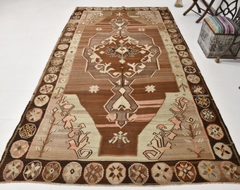 6x12 Area Rug, 6x12 Oversized Kilim, 6x12 TURKISH VINTAGE KILIM Rug, 6x12, Shades Of Brown Beige Kilim, Wool Handwoven Turkey, Rug For Entry