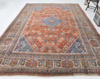 9x12 Elegant Unique Area Rug,  Oversize Rug 9x12, Large Unique Carpet, Handmade Wool Rug, Blue Unique Heriz Rug, Antique
