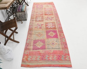 3x10 Turkey Pink and Orange Vintage Rug, 3x10 TURKISH VINTAGE RUNNER, Hand-Woven Turkey Rug, Square Design Rug, Vintage Runner, 3.5x10.8 Ft