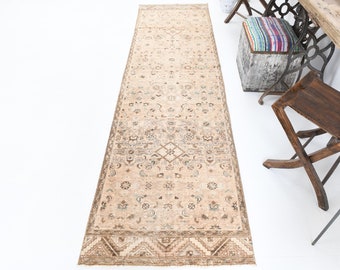 Handmade Oushak Runner Rug: 3x10 Vintage Turkish Carpet