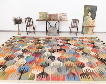 Area Rug 10x14, 10x14 Kilim Rug, 10x14 Oversize & Oversized Kilim Rug, Shades Of Multicolor Kilim, Oversize Kilim Rug, Large Area Rug, 60s