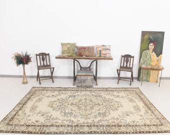 Alfombra de 6x9, alfombra vintage de 6x9, alfombra turca vintage de 6x9, 6x9, Oushak de lana hecha a mano, alfombra de 6x9, alfombra vintage marrón y beige, alfombra para dormitorio