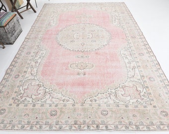 7x10 Area Rug, 7x10 Pink Vintage, Oversized Vintage Rug, Large Area Rug, 7x10, Handmade Wool Rug, 7x10 Rugs, 7x10 Vintage Rugs For Bedroom