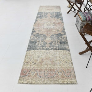 3x12 Frost Turkısh Vıntage Runner Rug, 3x12 Runner Rug, Wool Hand-Made Oushak, Frost Pink & Blue Vintage Rug, Turkish Runner 3x12, Antique
