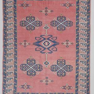 7x9 Area Rug, 7x9 Oushak Rug, 7x9 Turkish Vintage Oushak Rug, 7x9, Wool Handkontted Oushak, 7x9 Rugs, Red & Blue Oushak Rug, Rug For Bedroom