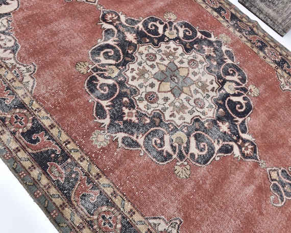 6x11 Medallion Red and Navy Blue Persian Rug, 6x11 Long Wide Persian Rug, 6x11 Rug, Handmade Wool Rug, 6x11 Vintage Rug, Medallion Red Rug.