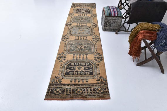 Vintage Turkish Wool Runner Rug: 2x11 Mustard Blue Hallway Rug