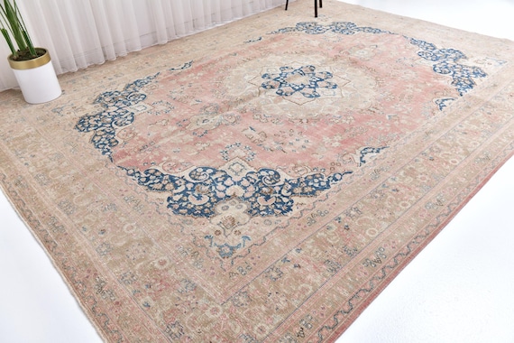 9x12 Persian Area Rug, Blue Salmon, Beige Color Rug, 9x12 Persian Rug, Large Area Rug, 9x12 Rug, Traditional Rug, Large Decorative Rug 9x12