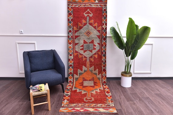 3x10 Vintage Handmade Runner Rug, Soft Wool Rug, Hallway Kitchen Runner Rug, Red Taupe Color