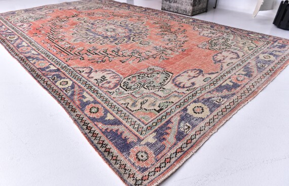 6x9 Faded Vintage Rug, Peach Blue Color, 6x9 Area Rug, Farmhouse Decor, Botanical Design Rug, 6x9 Rug, Living Room Rug, Medallion Rug