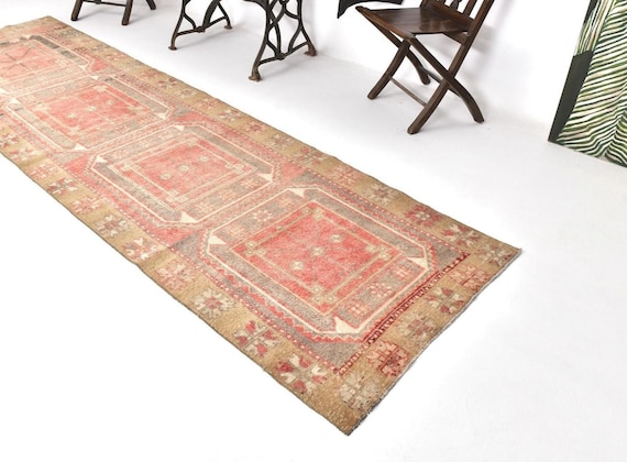 3x11 Vintage Runner Rug, Red, Green Color Rug, 3x11 Handmade Wool Rug, Hallway Rug 3x11, Geometric Patterned Rug, Distressed Rug 3x11,