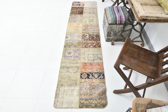 2x8 Beige Brown Vintage Runner, 2x8 Vintage Runner, 2x8, Floral Handmade Oushak, 2x8 Rug, Beige & Blue Carpet, Rug For Hallway Entrway