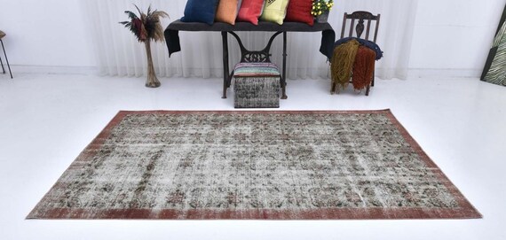 6x8 Vintage Faded Floral Area Rug, 6x8 Terracotta Border Green Floral, Handmade Floral Rug, 6x8 Farmhouse Decor, Living Room Rug