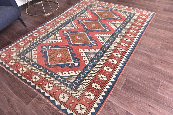 5x8 Vintage Turkish Rug, 5x8 Red Blue White Color Rug, Handmade Wool Rug, Living Room Bedroom Rug, 5x8 Area Rug, Oriental Rug, 5x8 Gift Rug