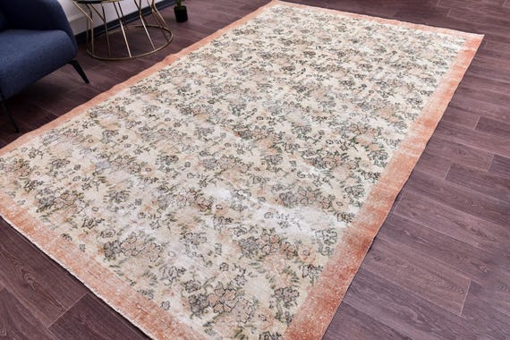 7x11 Vintage Floral Rug, 7x11 Terracotta Green Rug, 7x10 Floral Area Rug, 7x10 Living Room Rug, 7x10 Faded  Rug, Handmade Large Area Rug