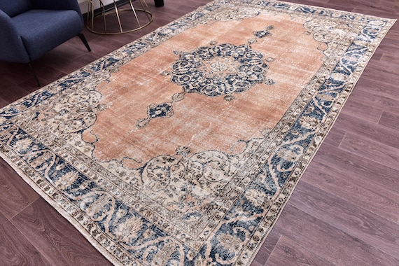 6x11 Vintage Faded Medallion Rug, Terracotta Navy Blue Color, 6x11 Handmade Wool Rug, Farmhouse Decor, 6x11 Oversize Area Rug, Persian Rug