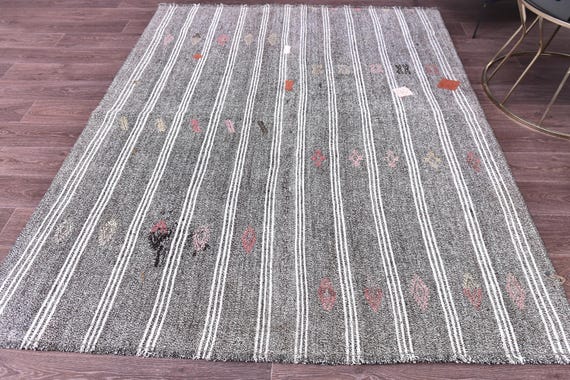 6x7 Vintage Kilim Rug, 6x7 Muted Gray Black Color Rug, Handmade Flatweave Kilim Rug, 6x7 Tribal Kilim Rug, 6x7 Rug, Faded Kilim Rug
