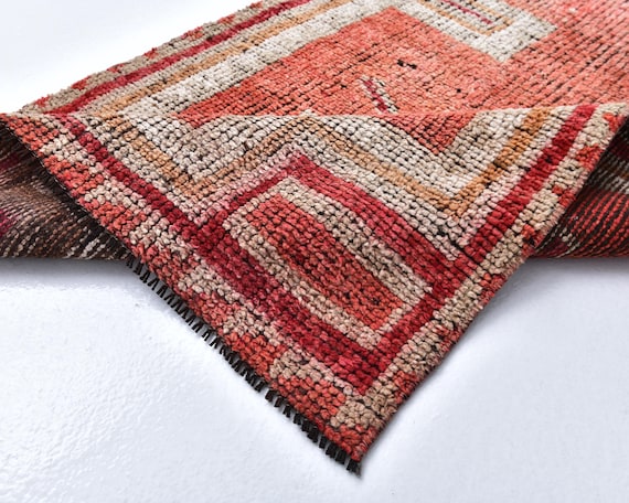 3x11 Red Beige Vintage Runner Rug, 3x11 Vintage Runner, 3x11 Rug, Wool Hand Woven Rug, 3x11 Runner Rug, 3x11 Herki Runner, Farmhouse Hallway