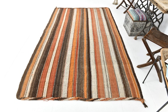 5x9 Vintage Striped Kilim Area Rug, 5x9 Rug, Vintage Kilim Rug, 5x9 Kilim Rug, Handmade Wool Rug, Area Rug 5x9, Brown Orange Kilim Rug