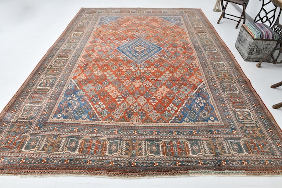 Area Rug 9x12, OVERSİZE BLUE PERSİAN Rug 9x12, Oversize Rug 9x12, Large Persian Carpet, Handmade Wool Rug, Blue Persian Heriz Rug, Antique