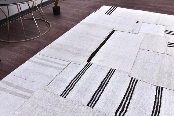 7x10 Vintage Patchwork Hemp Rug, Handmade Hemp, Ivory Black Color, Living Room Bedroom Kilim