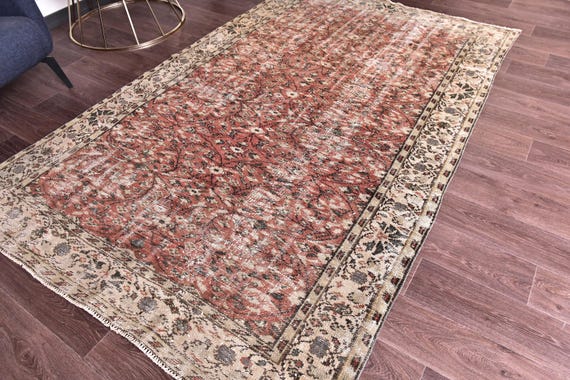5x8 Vintage Turkish Faded Rug, 5x8 Faded Area Rug, Terracotta Red Color, 5x8 Handmade Wool Rug, Living Room Bedroom Rug, 5x8 Area Rug