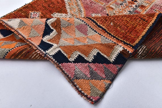 3x10 Turkish Vintage Runner Rug, 3x10 Herki Geometric Oriental Runners 3x10 Rugs Aesthetic Handmade Wool Rug 3x10 Hallway Runner Orange