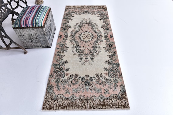 3x7 Vintage Salmon Runner Rug, Salmon Brown Green Color, Handmade Wool, 3x7 Accent Rug, 4x7 Living Room Bedroom Rug, 3x7 Hallway Rug