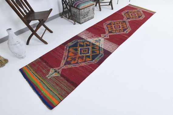 3x12 Red Turkish Vintage Runner Rug, 3x12 Turkish Runner Turkish Rug Red and Beige Rug  Hallway Entrways Rug Turkey Rug Persian Style,