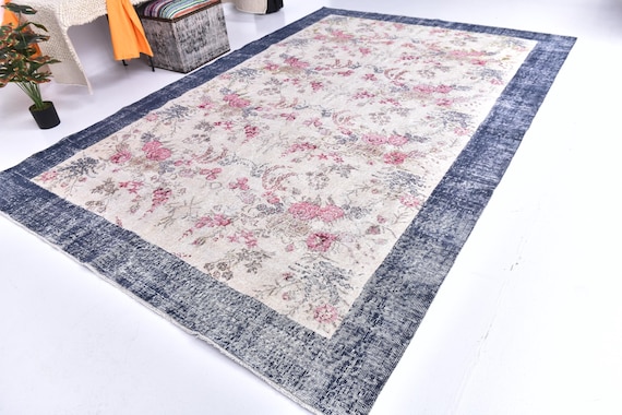 7x10 Vintage Faded Floral Area Rug, Cream Navy Blue Color, 7x10 Handmade Wool Rug, Farmhouse Rug, 7x10 Turkish Faded Rug, living Room Rug