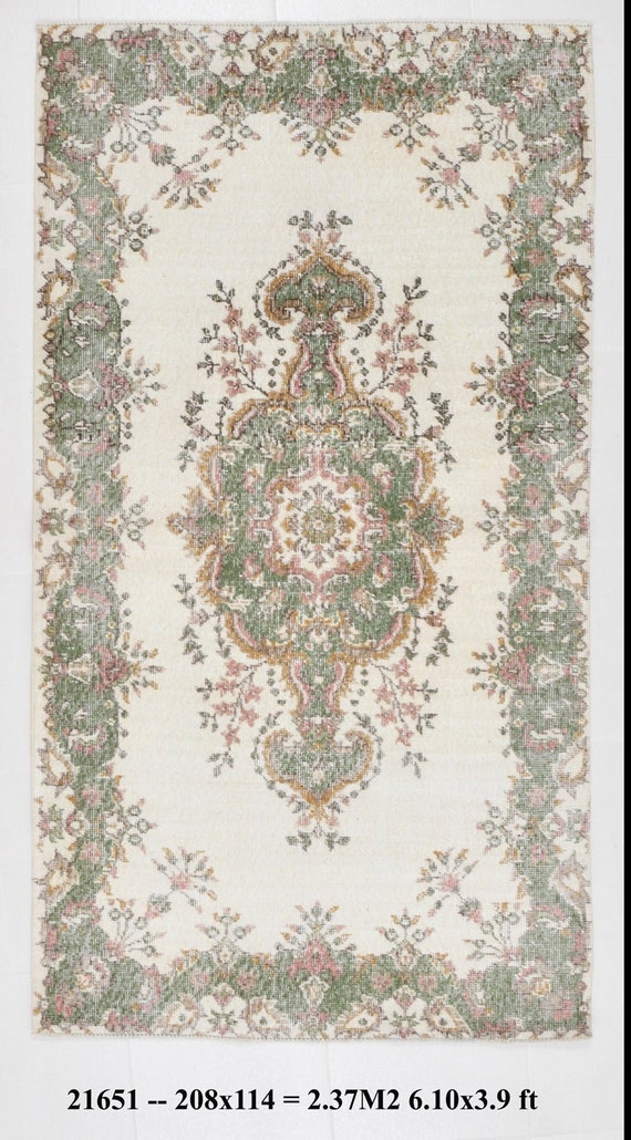 4x7 Area Rug, 4x7 TURKİSH VİNTAGE AREA Rug, 4x7,  Beige and Green Floral Style Small Area Rug, Handmade Wool Turkish Rug, 4x7 Vintage Rug