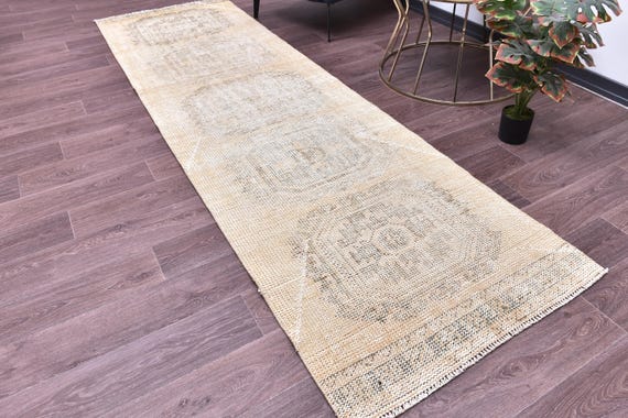 3x10 Vintage Faded Runnner Rug, 3x10 Handmade Wool, 3x10 Geometric Medallion Runner, Dusty  Brown Color, Faded Runner Rug, 3x10 Rug