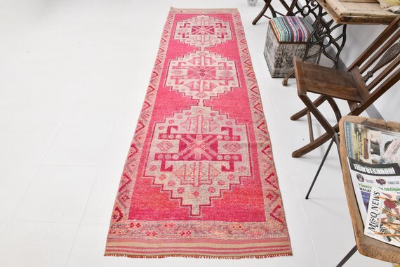 3x11 Runner Rug, 3x11 Pink Herki, 3x11 Vintage Herki Runner Rug, Handmade Wool Rug, 3x11 Rug, Red & Pink Herk, Vintage Runner Rug, Gift Rugs