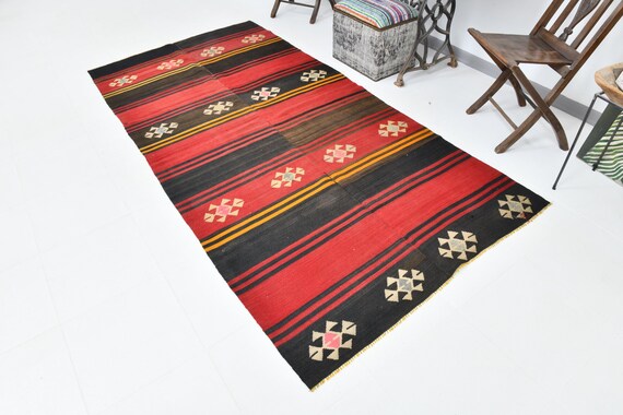 4x6  Striped Patterned Kilim Rug, 4x6 Vintage Kilim Rug, 4x6 Area Rug, Wool Handmade Kilim, Red & Yellow Kilim, Antique Kilim Rug