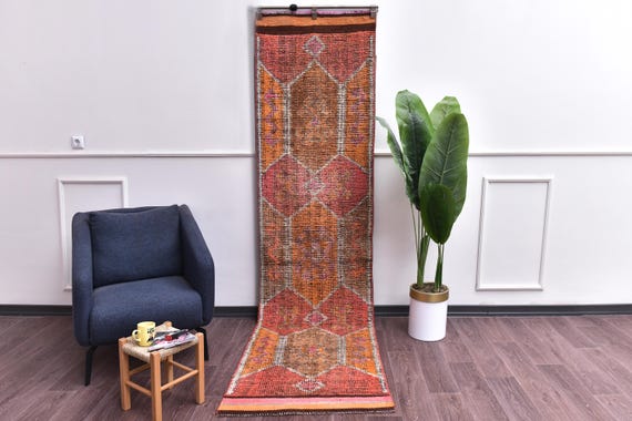 2x10 Hand Woven Faded Vintage Hallway Kitchen Runner Rug, Burnt Red Color, Geometric Pattern, Farmhouse Decor